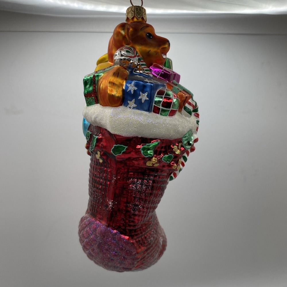 Radko Christmas Stocking Glass Ornament Red Teddy Bear Horn Gifts - Picture 7 of 16